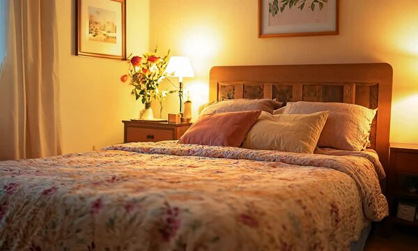 a bedroom with a bed and a lamp