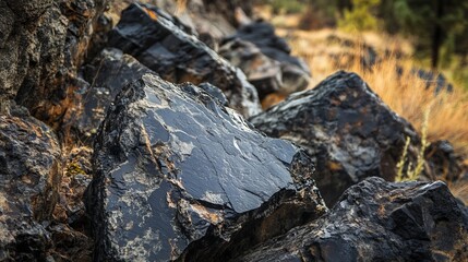 Jagged and weighty obsidian rocks rest precariously upon a ledge, found along the Big Obsidian Flow path.