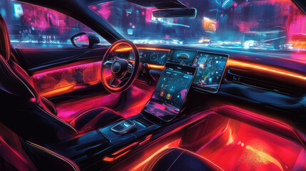 Futuristic Neon-Lit Car Interior with Advanced Digital Displays at Night