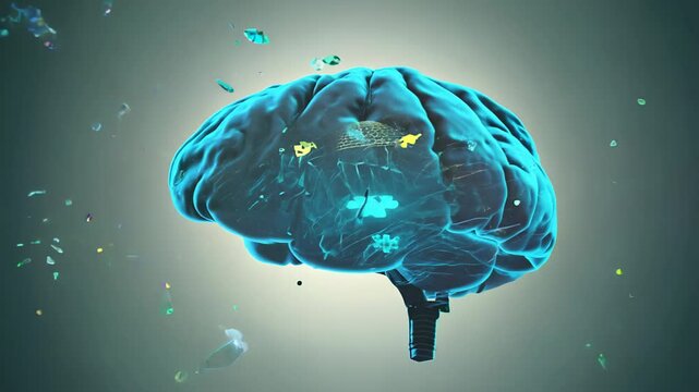 Visualization of a brain surrounded by microplastic particles, illustrating the problem of plastic entering the human body