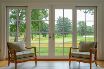 Fototapeta premium A serene view through large windows features two comfortable chairs. The natural light illuminates the room. Perfect for relaxation and contemplation. Generative AI