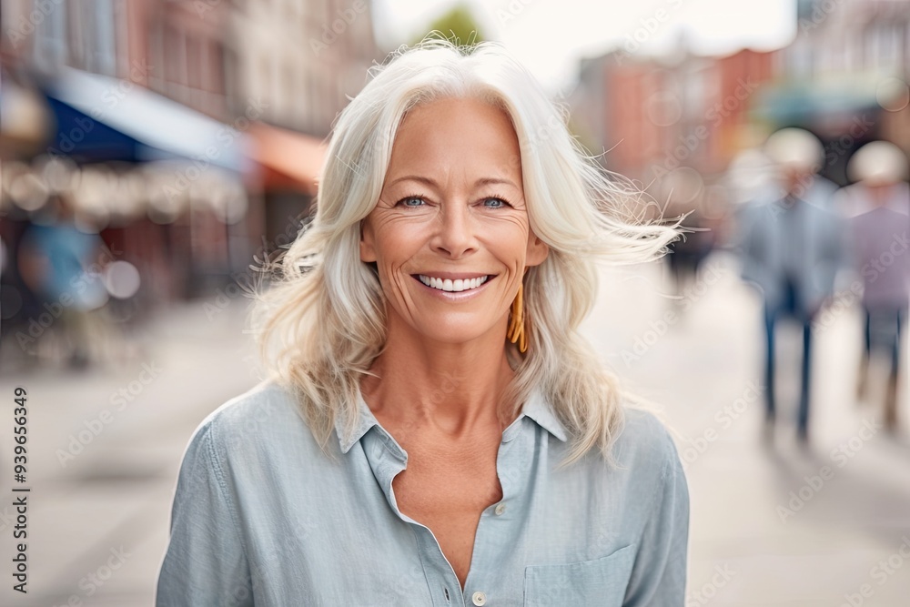 Wall mural Happy middleaged woman with gray hair on street