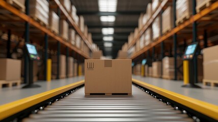 Fototapeta premium Conveyor belts moving goods through a warehouse while scanners track inventory, photorealistic, hyper-resolution, efficient supply chain management