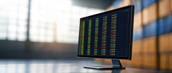 Digital inventory dashboard with real-time stock levels displayed on a large monitor, photorealistic, hyper-resolution, data-driven inventory management