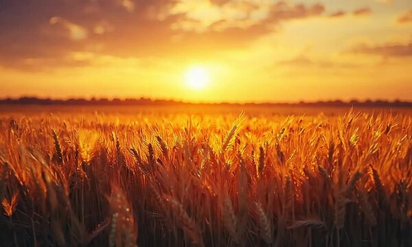 the sun is setting over a wheat field