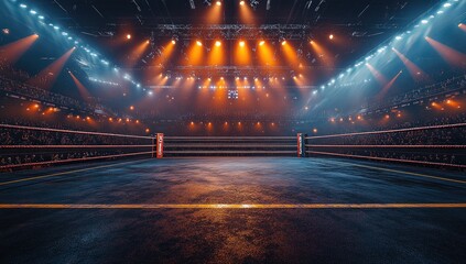 Empty Wrestling Ring In The Stadium With Lights And Crowd