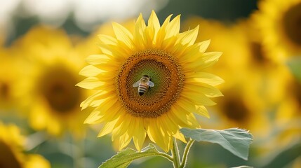 A vibrant sunflower with a bee, surrounded by a field of sunflowers.