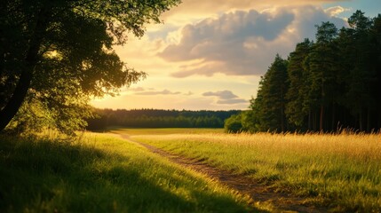 A scenic countryside path at sunset, surrounded by lush green fields and trees, evoking a sense of tranquility and natural beauty.