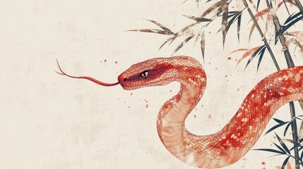 Obraz premium Red Serpent Illustration with Bamboo Background - Traditional Chinese Art Style