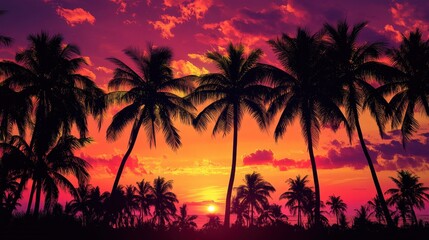 Obraz premium A vibrant sunset over a tropical landscape with silhouetted palm trees.