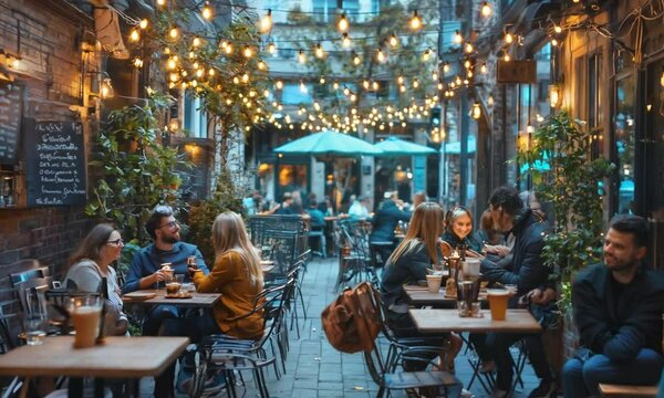 nighttime scene of people sitting at tables in a busy restaurant