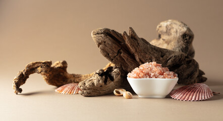 Pink himalayan salt with snags and seashells on a beige background.