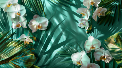 Lush Overlapping Palm Leaves With Blooming Exotic Orchids Against a Vibrant Background