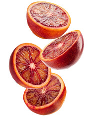 Slices of Blood Orange Falling Isolated on White.