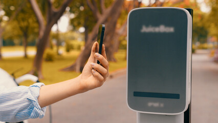 Woman using smartphone online banking application to pay for electric car battery charging from EV charging station during vacation holiday road trip at national park or summer forest. Exalt
