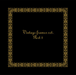 Vintage gold curled frame for wedding invitations, headers, signboard framed certificate template, vignette, border, diploma on black background. Modern interpretation of Islamic motifs. Part 1.eps
