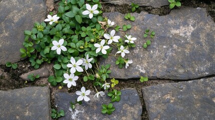 Stellaria media, an annual ephemeral weed, has emerged and blossomed in the crevices between paving slabs. 