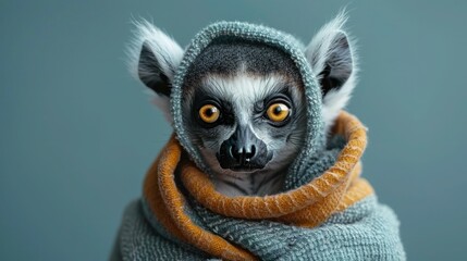 Obraz premium Cool and Cute Lemur Wearing Gray Hoody on Blue Background with Copy Space for Text - Exotic Animal Fashion with a Humorous Twist