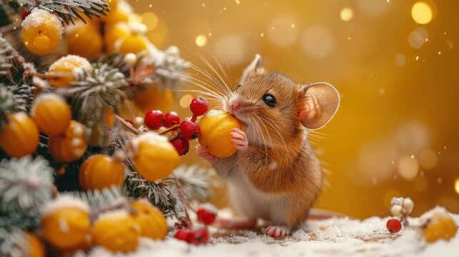 Funny Mouse Christmas Card with Cheese Tree on Yellow Background