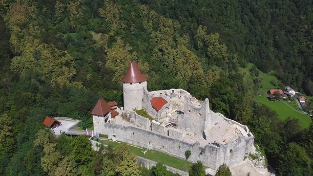Aerial drone shot of medievel castle Žovnek located in Braslovče, Slovenia