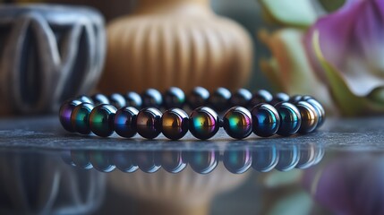 This stunning Rainbow Eye Obsidian Crystal Bracelet features rainbow obsidian beads, known for their mystical properties, set against a retro backdrop.