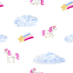 Children's cute magic seamless pattern with unicorn, cloud and rainbow. Watercolor illustration on white background. For wrapping paper, textile