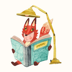 Red fox kid and book. children illustration. watercolor vector. animal cartoon. reading and education concept artwork.