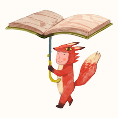 Red fox kid and book. children illustration. watercolor vector. animal cartoon. reading and education concept artwork.