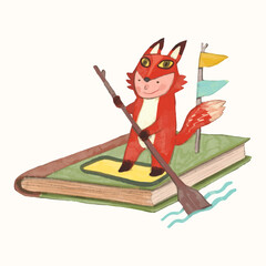 Red fox kid and book. children illustration. watercolor vector. animal cartoon. reading and education concept artwork.