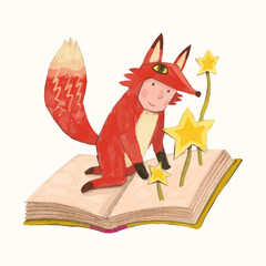 Red fox kid and book. children illustration. watercolor vector. animal cartoon. reading and education concept artwork.