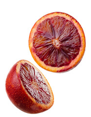 Slices of Blood Orange Falling Isolated on White.