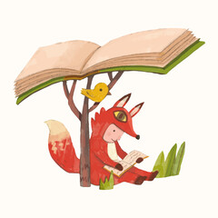Red fox kid and book. children illustration. watercolor vector. animal cartoon. reading and education concept artwork.