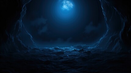 Soft blue light filters into a serene underwater cave, revealing rocky terrain and calm waters in the peaceful darkness of night