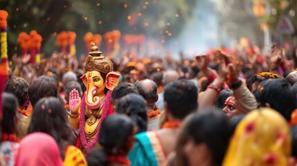 Ganesh Chaturthi festival with colorful statues of Lord Ganesha, families performing rituals, vibrant decorations, sense of devotion and cultural celebration, street processions