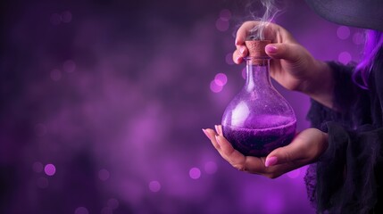 A cloaked figure holds a corked flask filled with a purple potion, releasing wisps of steam in an enchanting atmosphere filled with shimmering violet hues