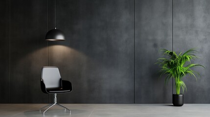 A sleek black chair stands alone beside a vibrant green plant under soft lighting in a contemporary styled interior space