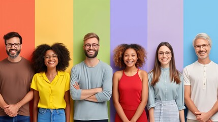 A joyful group of six diverse young adults smiles brightly while standing side by side in front of colorful vertical stripes