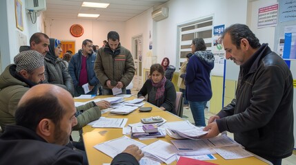 Refugees receiving legal assistance from volunteers, expressions of hope and worry, sense of seeking protection and rights, indoor setting with documents and legal advisors, focus on refugee rights