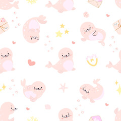 Cartoon fur seals seamless pattern. Funny sea seal, ocean animals childish print. Fabric wrapping wallpaper design, nowaday vector background