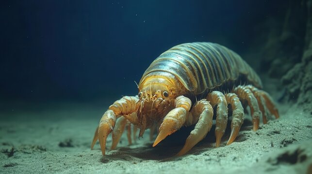 4K Realistic Giant isopod scuttling on deep sea floor, alien-like appearance,