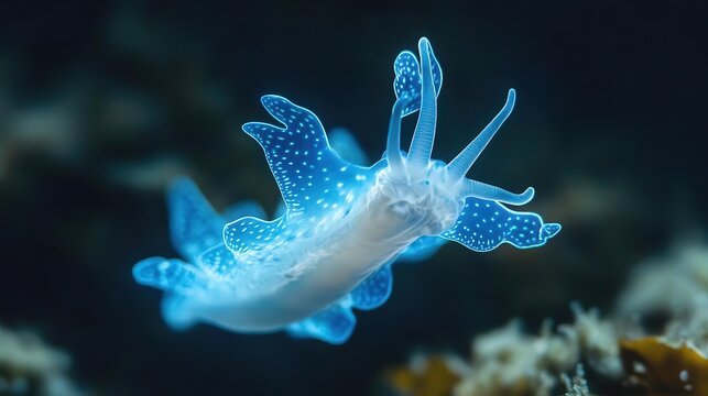 4K Realistic Glaucus atlanticus sea slug floating on ocean surface, vivid blue,