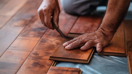 Flooring expert installing hardwood floors, measuring and cutting planks, and securing them in place to enhance the homes aesthetic and value - Powered by Adobe