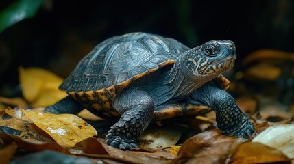 Obraz premium 4K Realistic Mata mata turtle ambushing fish, camouflaged in leaf litter,