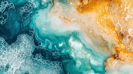 Fototapeta premium Blue, yellow, and white waves on a black and white background with a gold border in an abstract painting