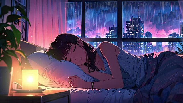 A lofi sleeping woman with relaxing rain window and rain drops in a cozy bedroom and lamp. Anime art style. Loop animation. lofi music background