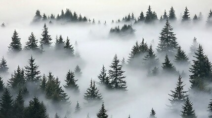   A dense forest shrouded in mist, with towering trees dominating the foreground and a hazy sky as the backdrop