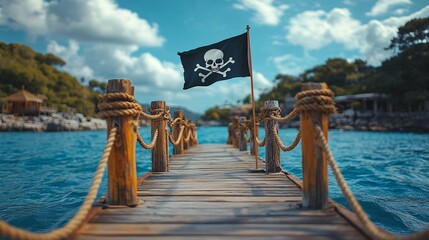 Pirate Flag Fluttering on Dock with Copy Space in Sky and Sea