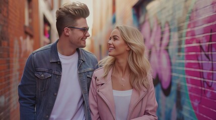 Young couple exploring a vibrant city, holding hands and smiling, urban adventures and discovery, colorful street art and architecture in the background, sense of romance and excitement