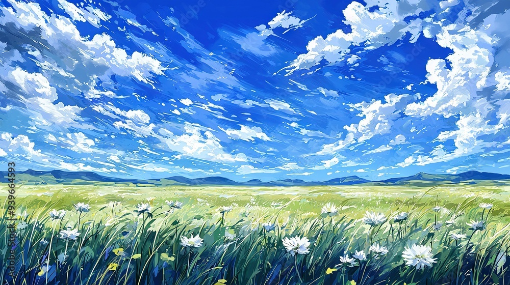 Poster a painting of a lush green meadow dotted with vibrant blooms beneath a cerulean sky adorned with flu