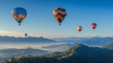 Fototapeta premium Vibrant hot air balloons soar gracefully over the majestic mountain peaks of Dot Inthanon, casting an enchanting tapestry against the clear blue sky of Chiang Mai, Thailand. 